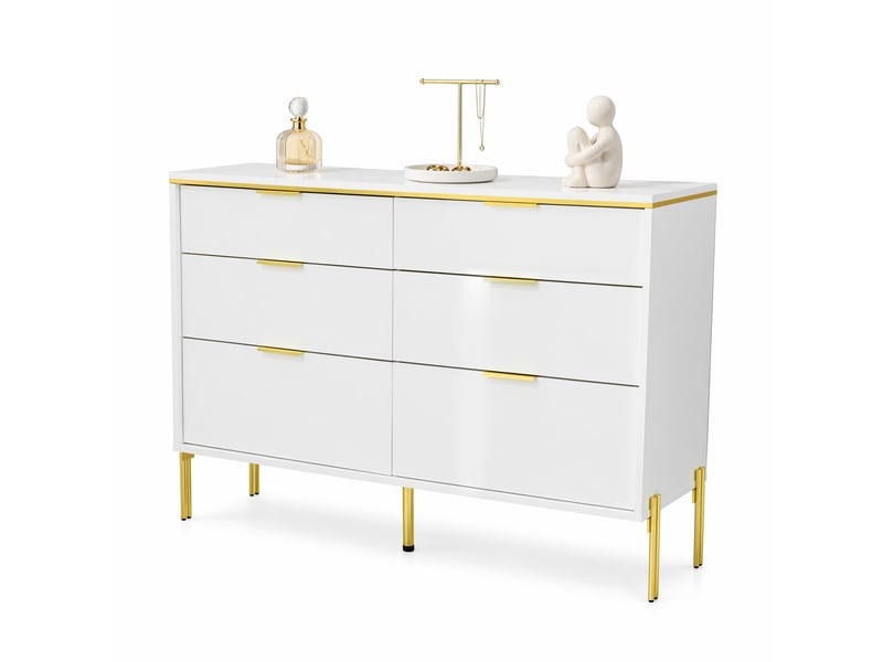  Buffet de rangement à 6 tiroirs façades brillantes - lpospi - pieds dorés, panneau de particules blanc 120 × 40 × 85,5 cm  - Conforama A
