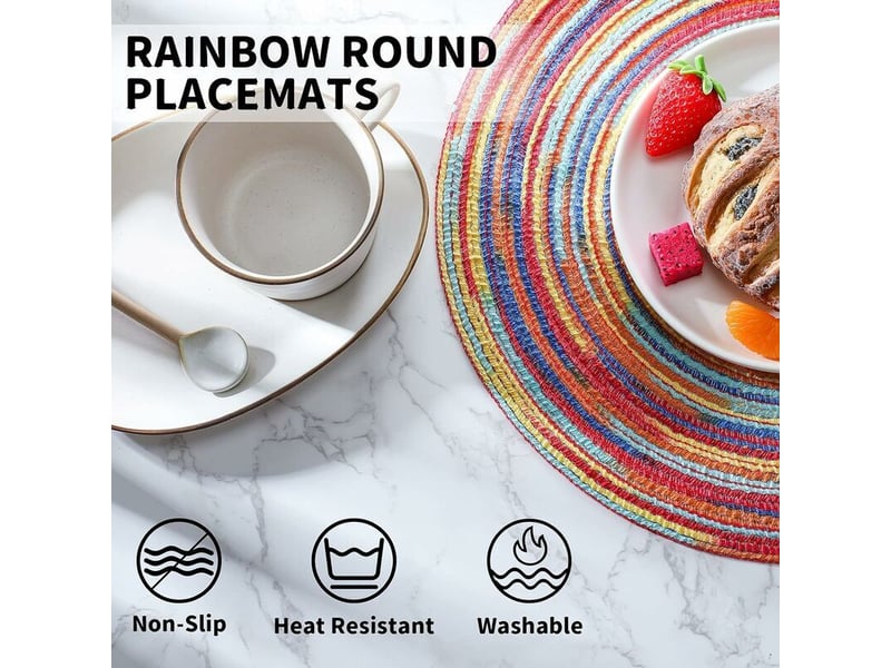  Table à manger lot de 4 sets de table ronds arc-en-ciel 30 cm tissés résistants aux hautes températures, antidérapants et lavables pour cuisine, chemin de table, isolation thermique  - Conforama C