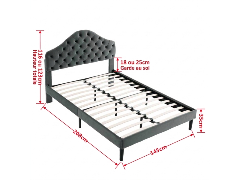 Cadre de lit 140x200, lit capitonné en velours gris avec tête de lit réglable - Conforama E