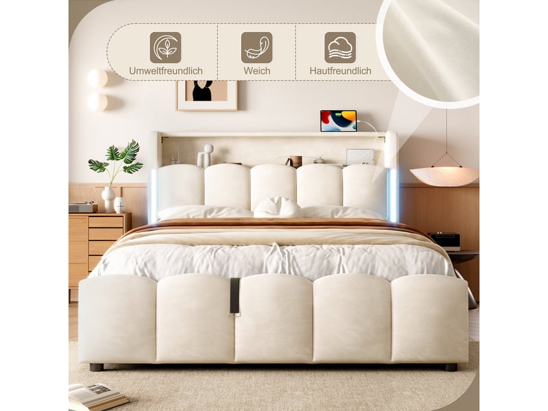Lit coffre 140x200 cm - lit coffre double avec led et ports usb - capitonné en velours avec tête de lit et sommier relevable - beige, sans matelas  - Conforama C