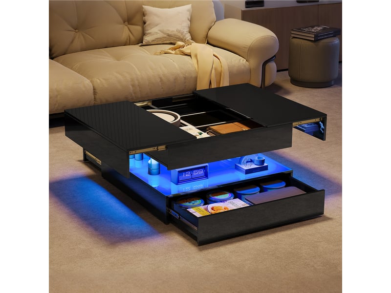  Table basse 78x78cm noir brillant - design moderne, éclairage led rvb (télécommande et app) et 2 tiroirs  - Conforama D