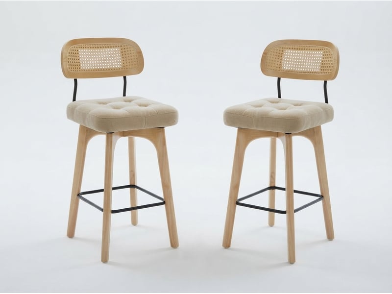 Lot de 2 tabourets de bar pivotants avec dossier effet rotin et assise en chenille beige, piètement bois et métal, design pour îlot central et cuisine  - Conforama A