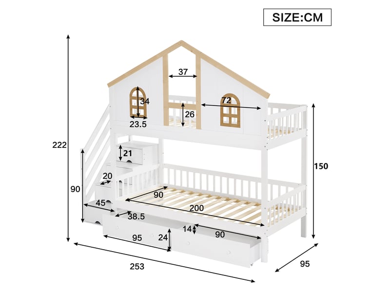  Lit superposé enfant 90x200 cm avec escalier de rangement et tiroirs, blanc naturel  - Conforama C