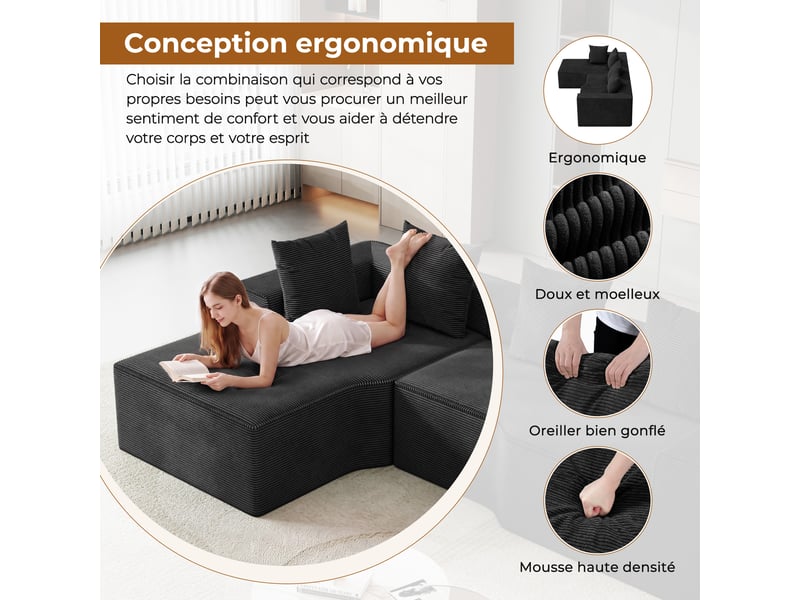  Canapé d'angle gauche modulaire 3 places compressé en velours côtelé,mousse haute densité,sans assemblage,canapé de salon,270x152x59cm,noir 270x152x59CM - Conforama R