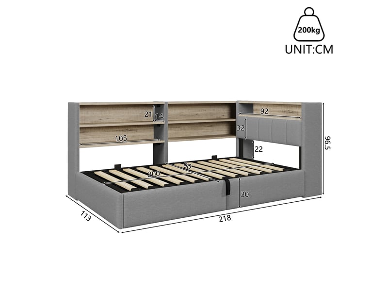  Canapé-lit 90 x 200 cm, suspension hydraulique, prise électrique, caisson latéral réversible (à gauche ou à droite) avec port usb et éclairage led, sans matelas, velours gris.  - Conforama C