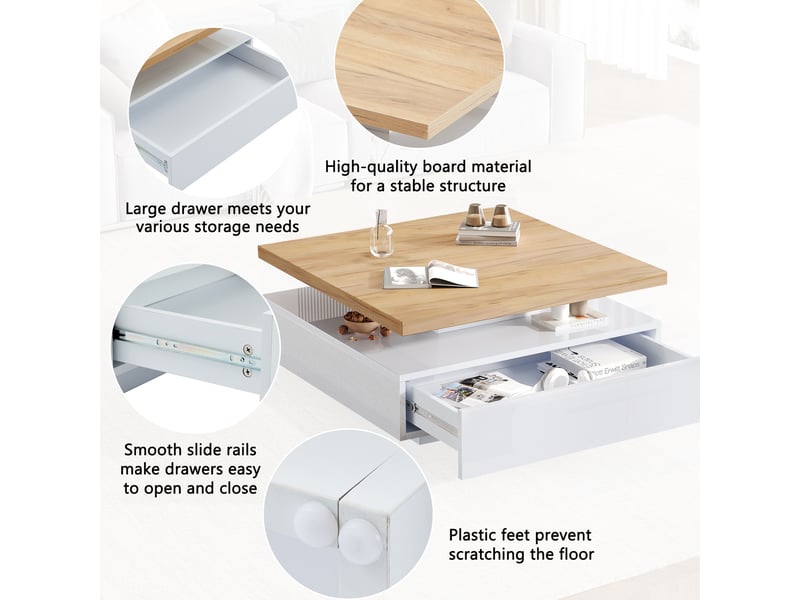 Table basse carrée pivotante à 360° 70x70 cm avec tiroir, blanc brillant et noyer - Conforama E