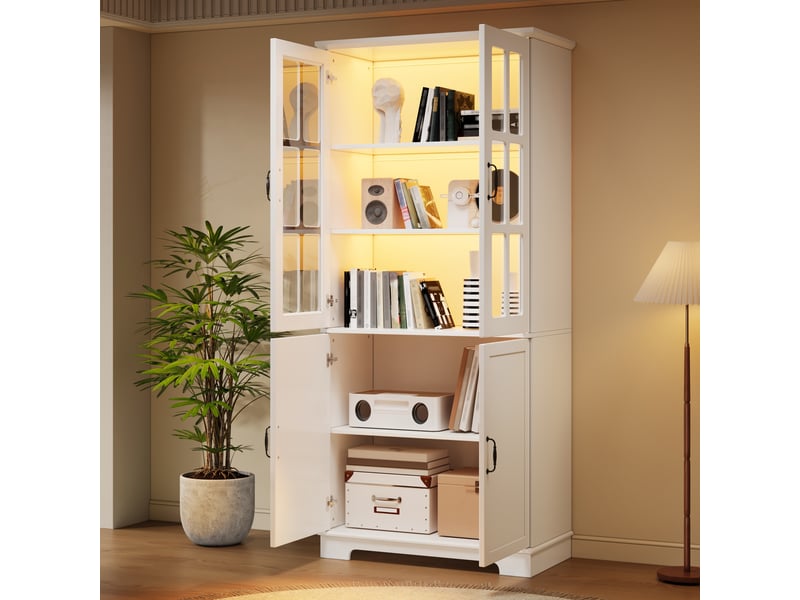  Vitrine avec 4 portes dont 2 en verre et 5 étagères, style campagne, pour salon ou cuisine, blanc, 80 × 38 × 180 cm  - Conforama C