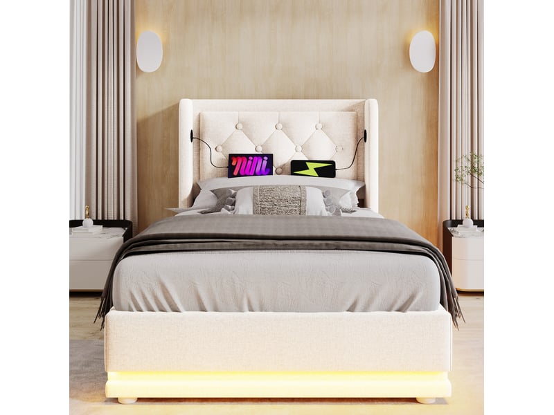  Lit coffre 90x200 cm beige en coton avec usb et type-c, tête de lit rembourrée et led sans matelas  - Conforama E