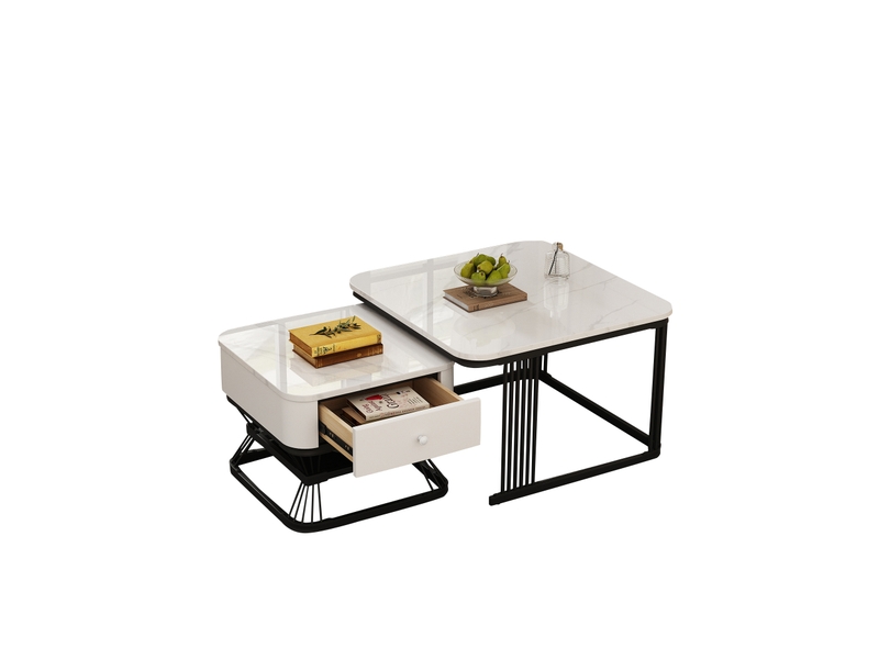  Tables basses gigognes avec 1 tiroir et niche ouverte, plateau brillant effet marbre, pour salon, blanc et noir  - Conforama A