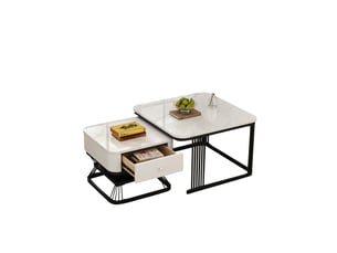 Tables basses gigognes avec 1 tiroir et niche ouverte, plateau brillant effet marbre, pour salon, blanc et noir
