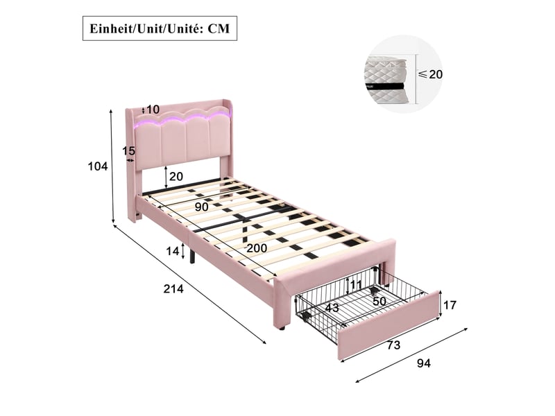  Lit enfant 90 x 200 cm rose en velours, led pilotée par application, tiroir de rangement et tête de lit ondulée  - Conforama C