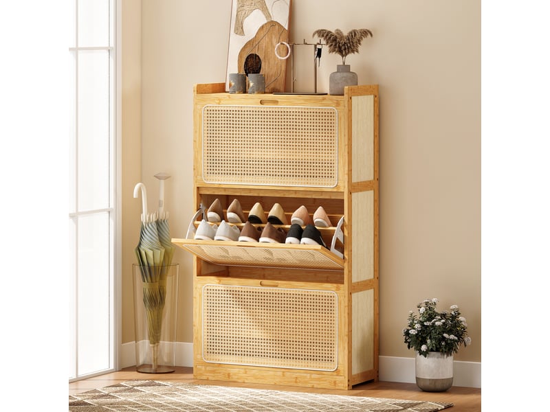  Étagère à chaussures étroite en bambou avec 3 tiroirs rabattables en rotin pour 18 à 21 paires de chaussures, 69 x 29 x 119,8 cm, naturel  - Conforama B