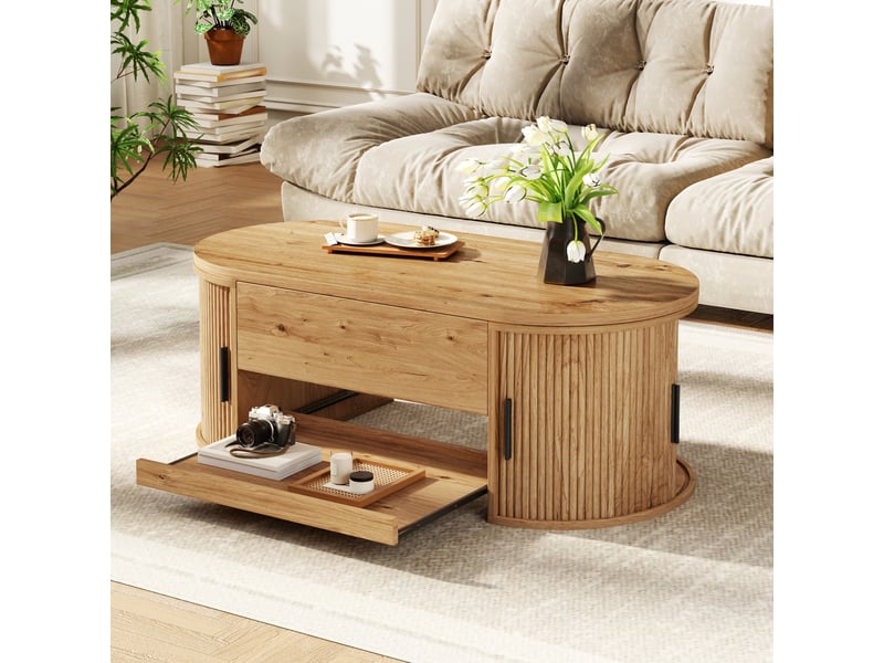 Table basse relevable 110x55x55 cm avec rangement caché, 2 portes coulissantes, tablette extensible, façades rainurées, mdf effet bois naturel - Conforama C