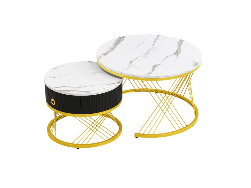  Table basse gigogne lot de 2 en effet marbre blanc et structure en métal doré, table de salon moderne  - Conforama R