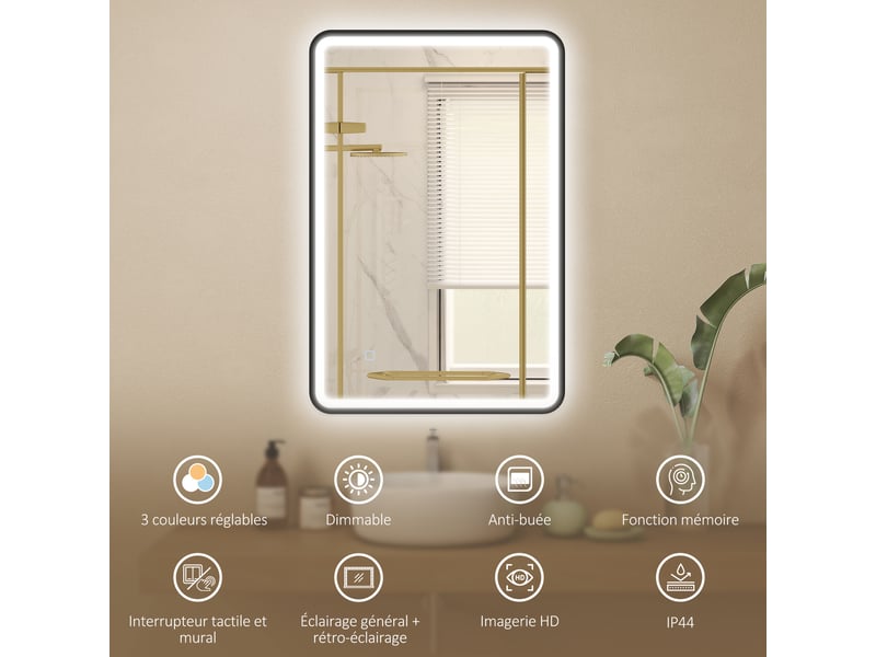  Miroir de salle de bain led avec cadre en aluminium noir 90x60 cm  - Conforama D