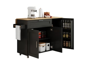 Desserte de cuisine 132,5x44-70,5x90 cm, plan rabattable 120x44-70 cm, 5 roulettes dont 2 freinées, mdf, noir et naturel