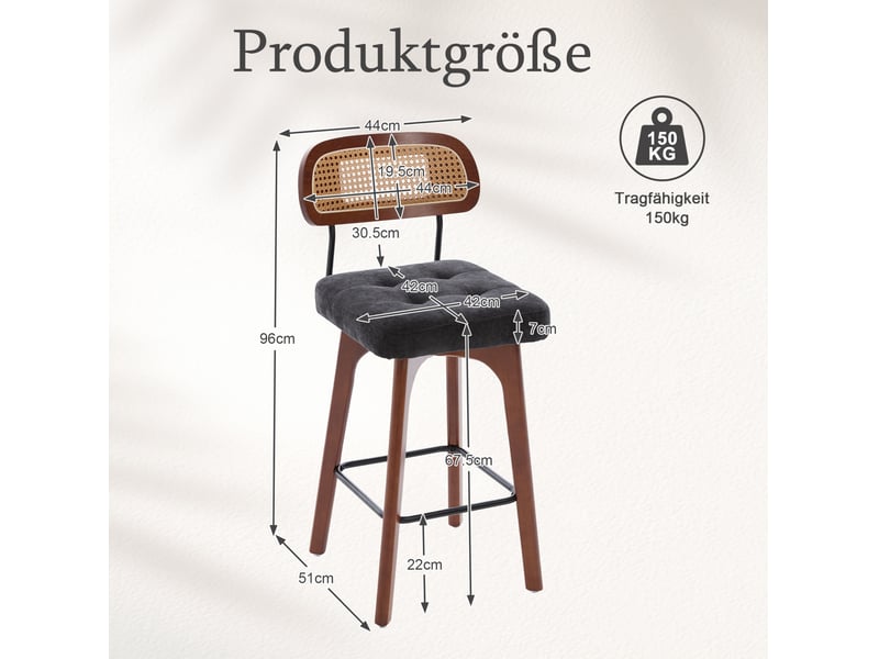  Lot de 2 tabourets de bar 44 x 51 x 96 cm noirs en chenille et rotin, avec rotation à 360 degrés  - Conforama C