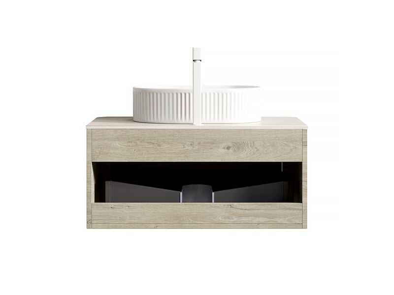  Meuble sous vasque suspendu avec 1 tiroir à fermeture douce et lavabo ovale en céramique pour salle de bain beige  - Conforama E
