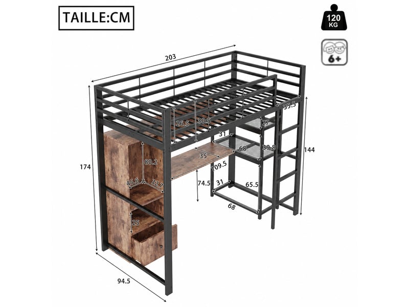  Lit mezzanine lit double 140x200 cm en métal avec bureau, tiroirs, étagères, led et usb, sans matelas, noir  - Conforama D