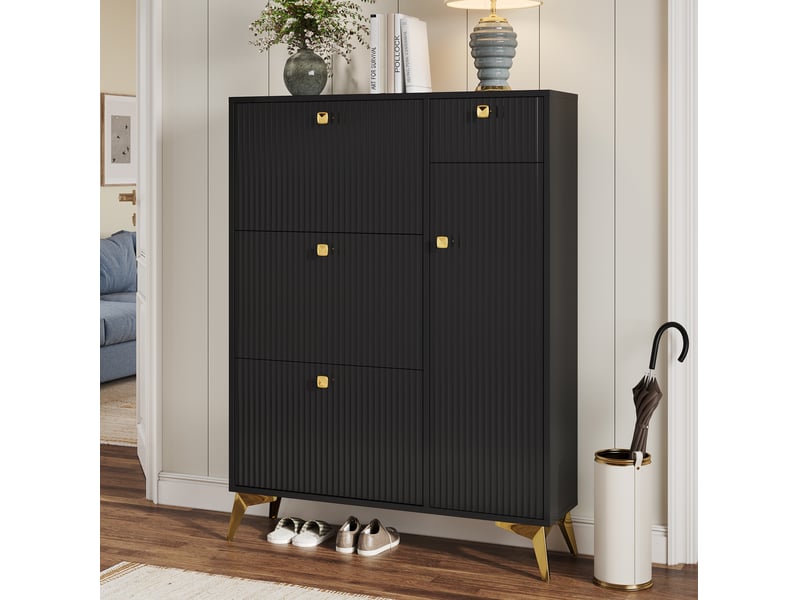 Meuble à chaussures noir à 3 abattants, 1 tiroir et 1 porte, 90x25x121 cm  - Conforama B