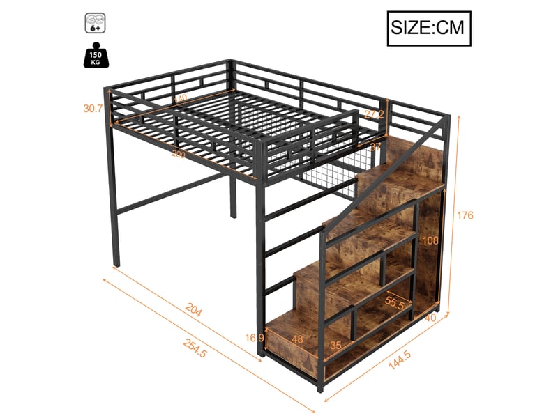  Lit mezzanine 140x200 cm, armoire-échelle, espace dessous libre, led 7 couleurs, métal noir, sans matelas  - Conforama C