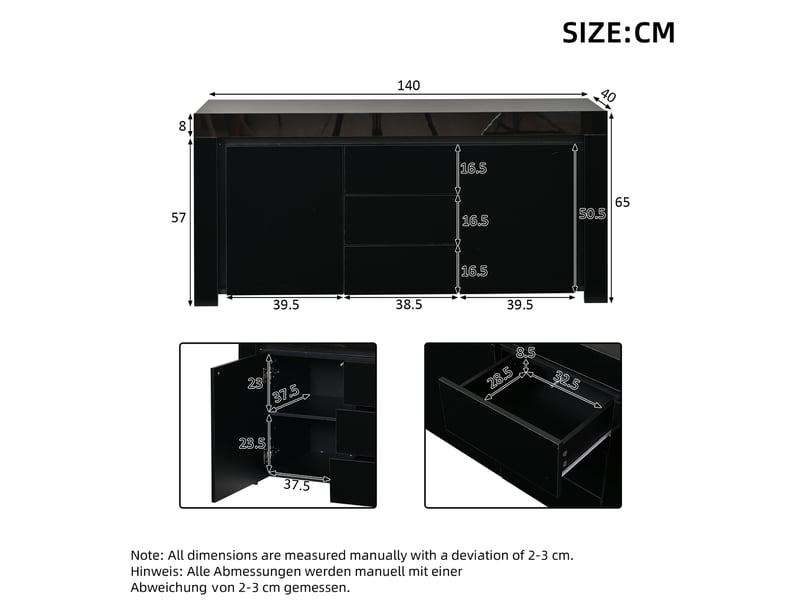  Buffet bas 140 x 40 x 65 cm noir, 2 portes, 3 tiroirs, led et étagères réglables  - Conforama C