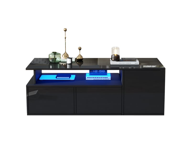  Table basse 100x50x35 cm led multicolore pilotable appli 2 tiroirs 9 compartiments panneaux particules brillant noir  - Conforama A