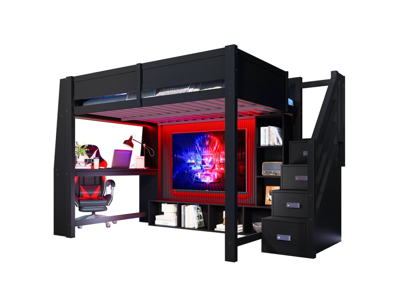  Lit mezzanine 140x200 cm avec bureau, rangements, escalier et éclairage led noir  - Conforama A