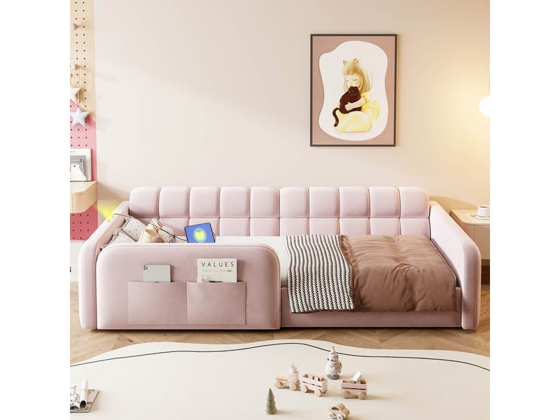  Lit enfant capitonné 90 x 200 cm avec led et prise usb - c cadre de lit plateforme en velours avec port de chargement rose BUYDEEMEUS - Conforama C
