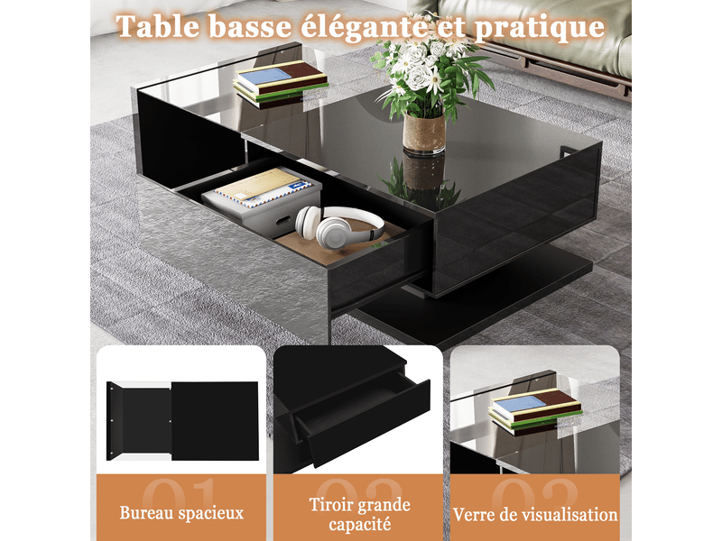  Table basse noire laquée. Tables d'appoint et tables basses en verre avec éclairage led.  - Conforama D