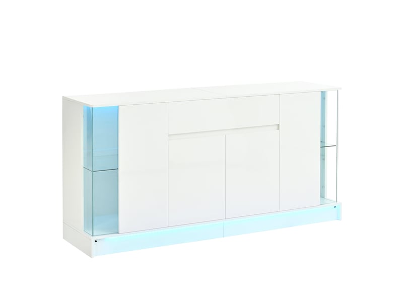  Buffet 150x40x75 cm avec vitrines led réglables par application en panneaux de particules blanc  - Conforama A