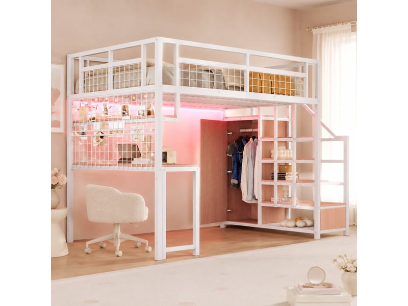  Lit mezzanine 140x200 cm avec escalier de rangement, bureau et penderie blanc  - Conforama B