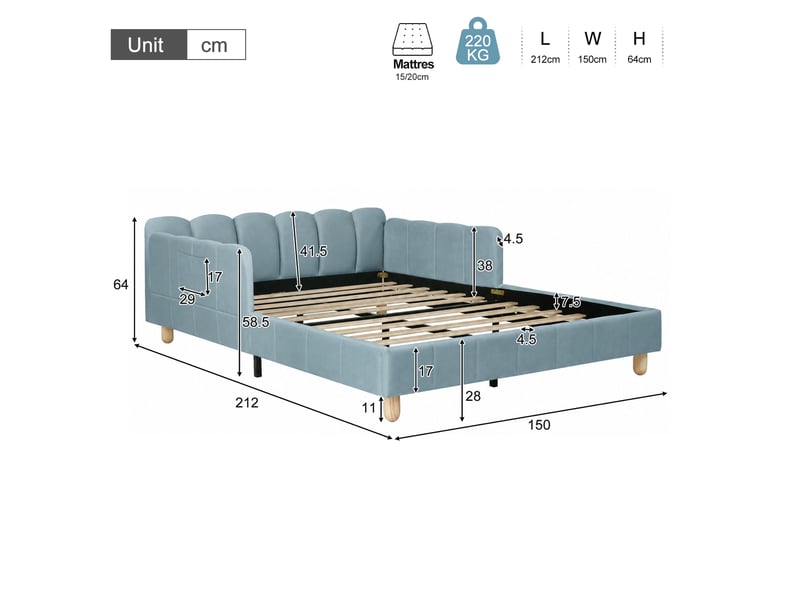  Lit enfant rembourré 140x200 cm en velours avec tête de lit, barrière de sécurité et pieds en bois massif, pour chambre d’enfant - bleu  - Conforama C