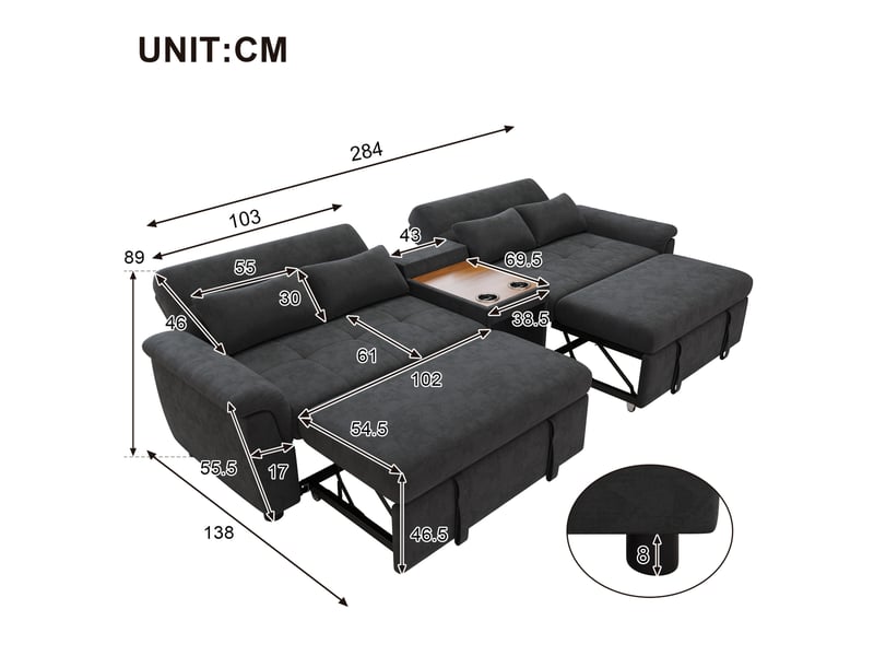  Canapé panoramique en u 4 places convertible avec double couchage, dossier réglable et porte-gobelets en chenille gris foncé  - Conforama C