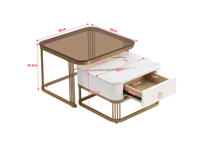  Tables basses gigognes avec 1 tiroir, plateau effet marbre brillant et verre brun, en mdf, blanc et or - uvrion  - Conforama E