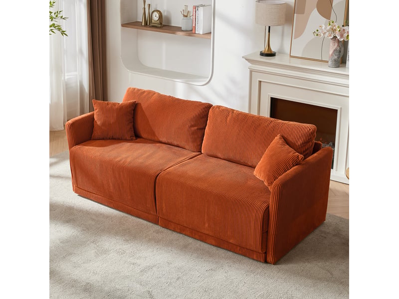  Canapé convertible 2 places avec couchage d'appoint, accoudoirs en bois et pieds métalliques en velours côtelé orange  - Conforama E
