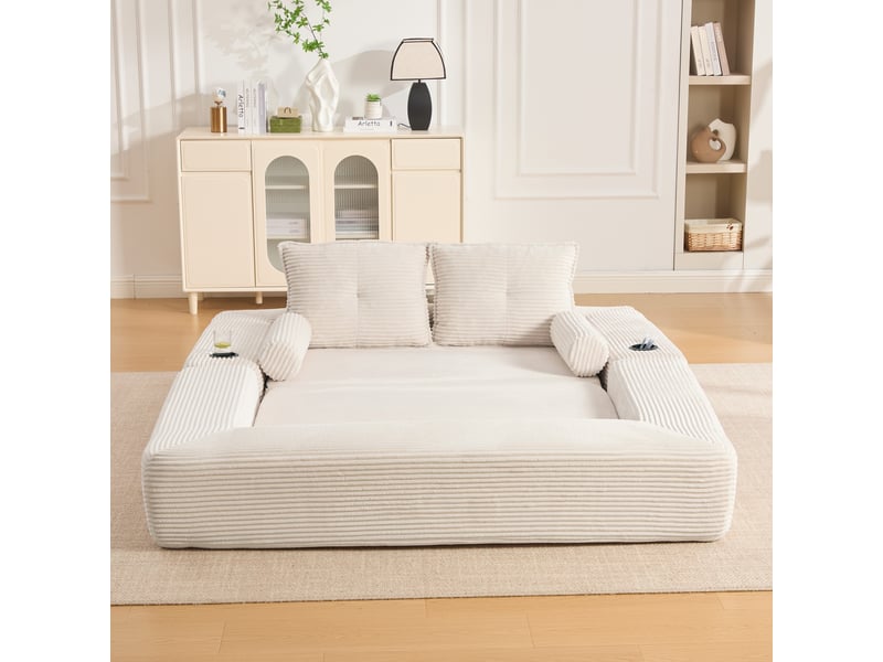 Canapé-lit 180x98x80 cm convertible, poches et porte-gobelet en velours côtelé beige  - Conforama D