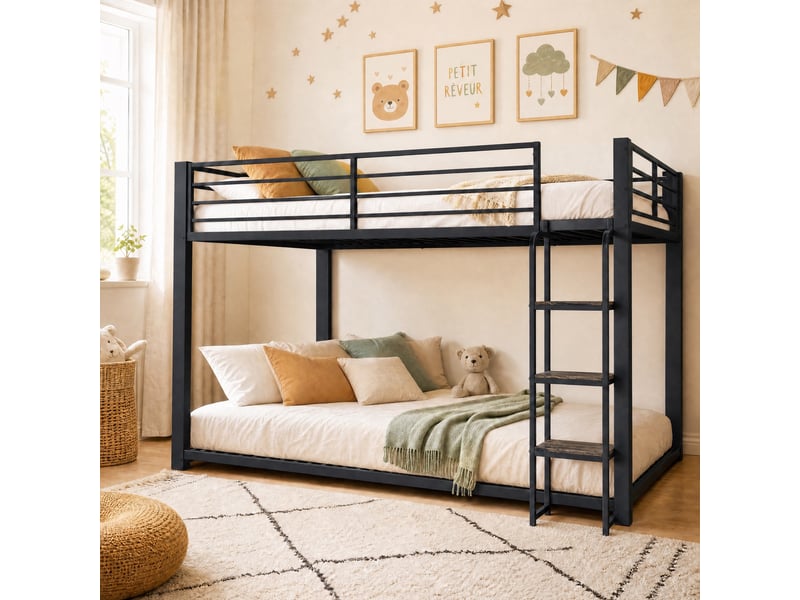 Lit superposé 140x200 cm, structure en métal et bois, coloris noir, rangements intégrés, escalier sécurisé, garde-corps, gain de place optimisé - Conforama E