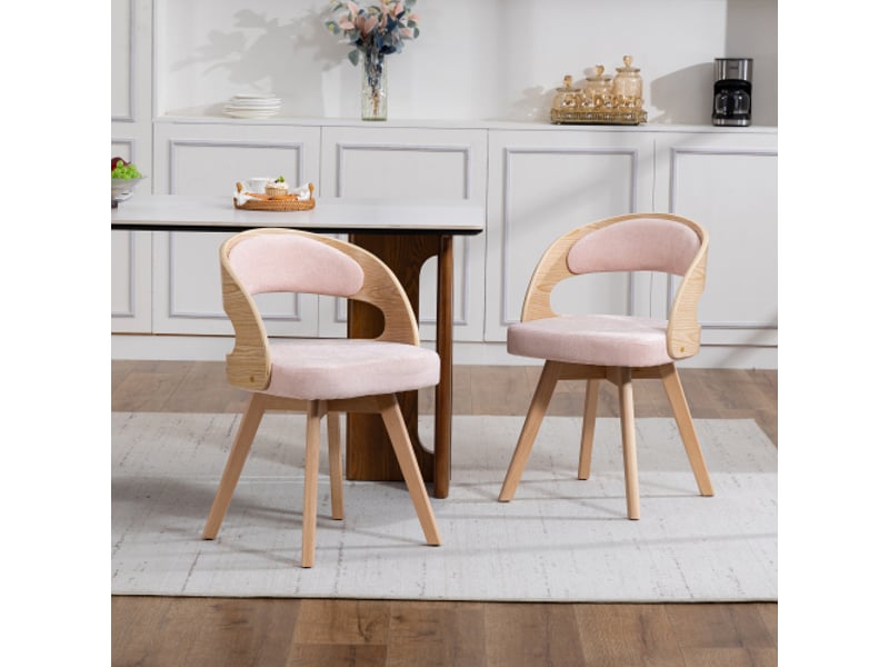 Chaises de salle à manger en bois moderne – ensemble de 2, pivotantes, dossiers incurvés, coussins coton-lin rose-lin - Conforama B