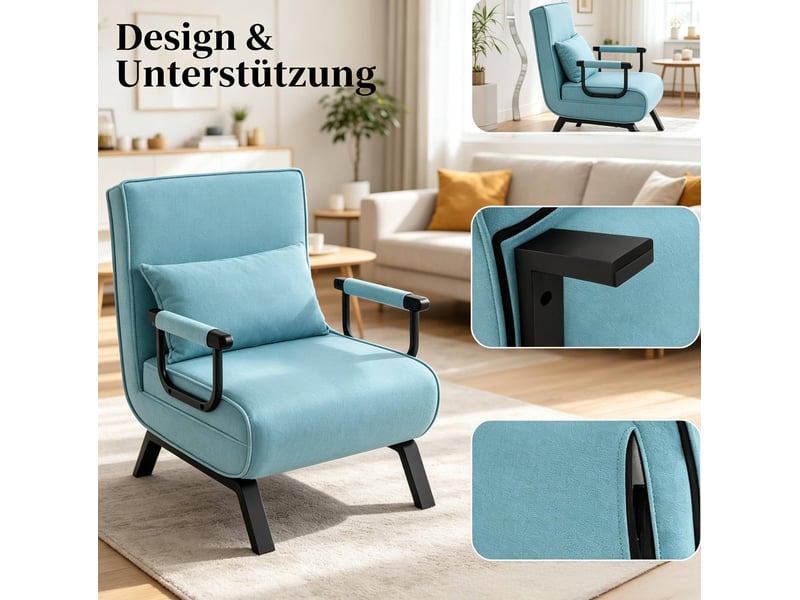  Fauteuil convertible 65 x 78 x 75 cm bleu en tissu, dossier inclinable 5 positions, lit d'appoint 3 en 1  - Conforama E