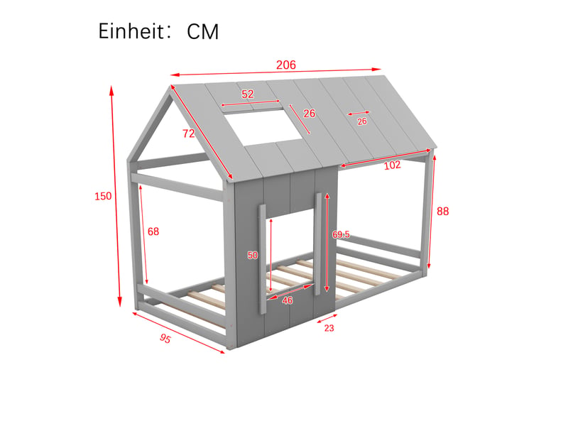  Lit cabane enfant 90 x 200 cm en pin et mdf avec toit et fenêtres, gris foncé et clair  - Conforama C