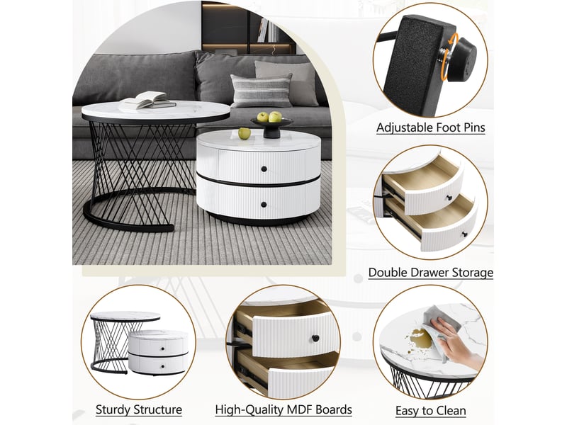  Lot de 2 tables basses rondes 60x60x46+50x50x31 cm, tables de salon, motif marbre, avec 2 tiroirs, mdf, blanc et noir  - Conforama D