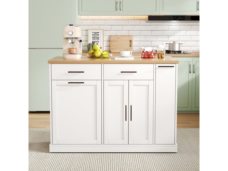 Desserte de cuisine avec 2 tiroirs, étagère 4 niveaux, compartiment poubelle et plateau rabattable 120×70×93 cm  - Conforama C