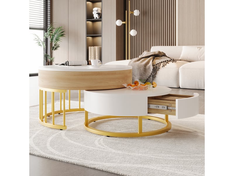 Tables basses gigognes rondes avec plateau relevable et tiroir, en mdf blanc effet bois et métal doré  - Conforama C