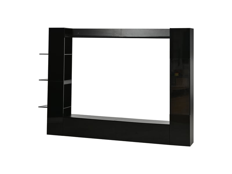  Ensemble meuble tv mural noir brillant avec vitrine, étagères et grands espaces de rangement  - Conforama B