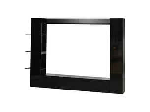 Ensemble meuble tv mural noir brillant avec vitrine, étagères et grands espaces de rangement