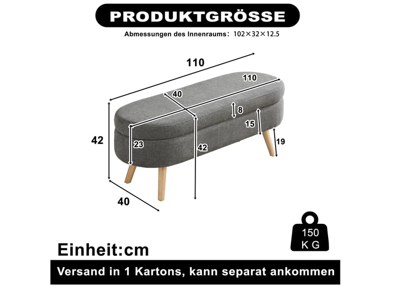  Banc de rangement 110x40x42 cm en chenille grise  - Conforama C