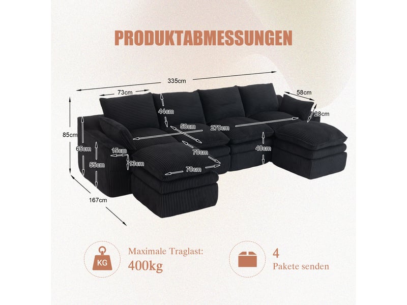 Canapé modulable 4 places en velours côtelé avec 2 poufs, canapé d’angle combinable, coussins, 2 poches latérales, mousse 3 couches, ressorts, noir Seren Glow - Conforama C