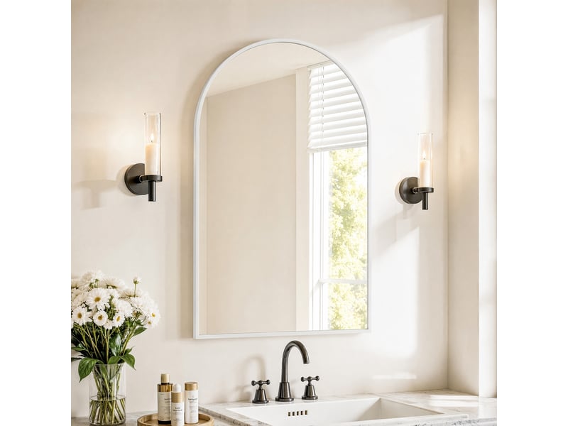  Miroir mural arqué 91x61 cm avec cadre blanc, verre trempé , miroir mural haute définition, pour chambre, salle de bain et entrée  - Conforama B
