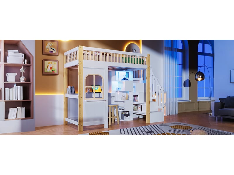Lit mezzanine tcqpz 90 x 200 cm avec led, forme fenêtre, échelle de rangement, étagère ouverte, bureau, prise, blanc et naturel - Conforama B